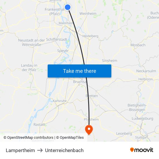 Lampertheim to Unterreichenbach map