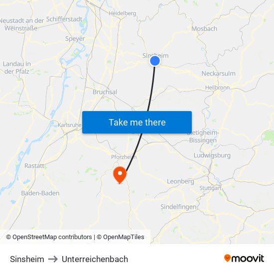 Sinsheim to Unterreichenbach map