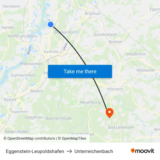 Eggenstein-Leopoldshafen to Unterreichenbach map