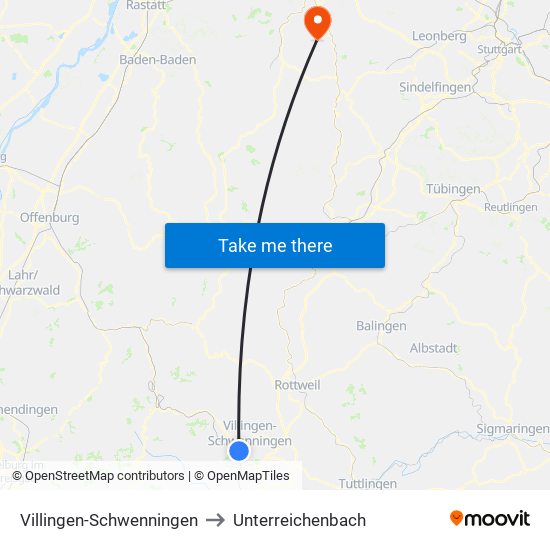 Villingen-Schwenningen to Unterreichenbach map