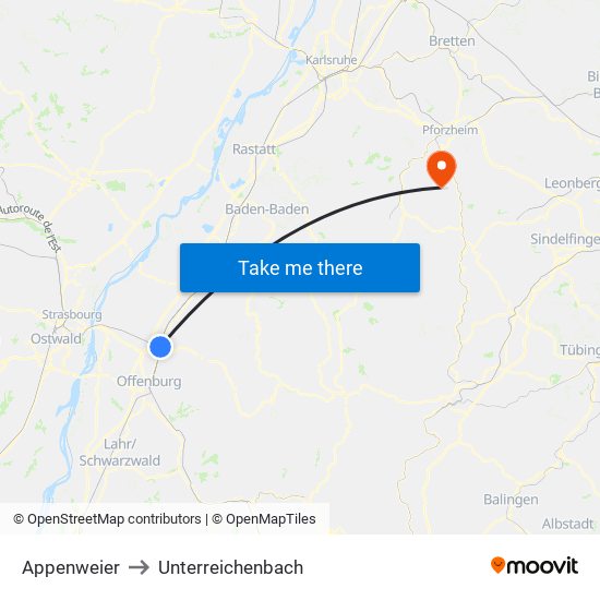 Appenweier to Unterreichenbach map