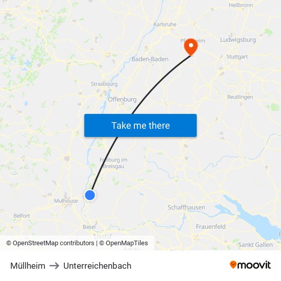 Müllheim to Unterreichenbach map
