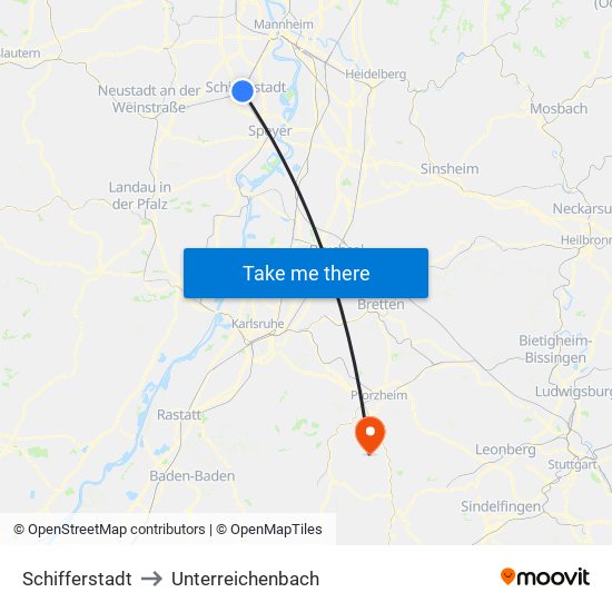 Schifferstadt to Unterreichenbach map