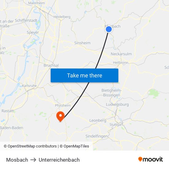 Mosbach to Unterreichenbach map