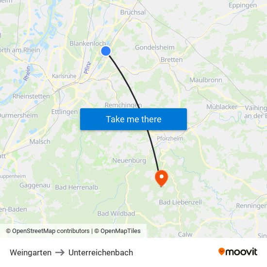 Weingarten to Unterreichenbach map