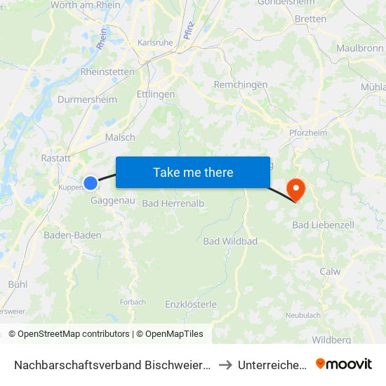 Nachbarschaftsverband Bischweier-Kuppenheim to Unterreichenbach map