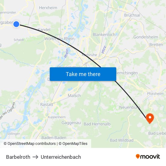 Barbelroth to Unterreichenbach map