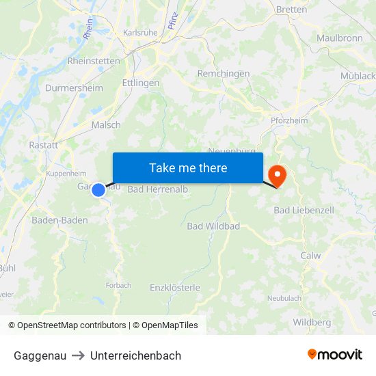 Gaggenau to Unterreichenbach map