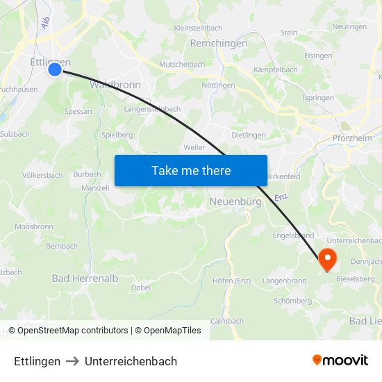 Ettlingen to Unterreichenbach map