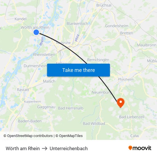 Wörth am Rhein to Unterreichenbach map