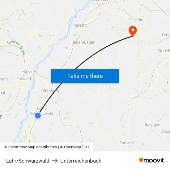 Lahr/Schwarzwald to Unterreichenbach map