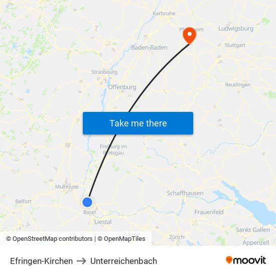 Efringen-Kirchen to Unterreichenbach map