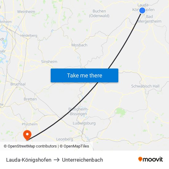 Lauda-Königshofen to Unterreichenbach map