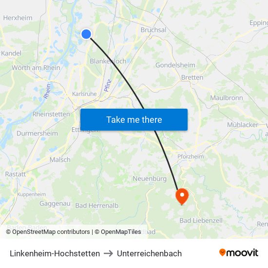 Linkenheim-Hochstetten to Unterreichenbach map