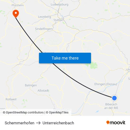 Schemmerhofen to Unterreichenbach map