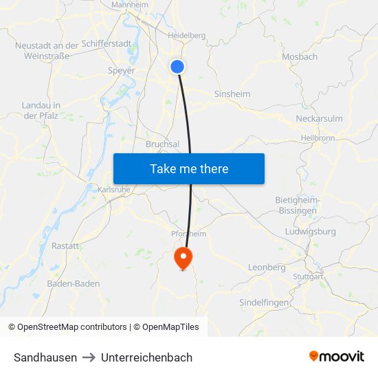 Sandhausen to Unterreichenbach map