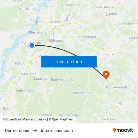 Durmersheim to Unterreichenbach map