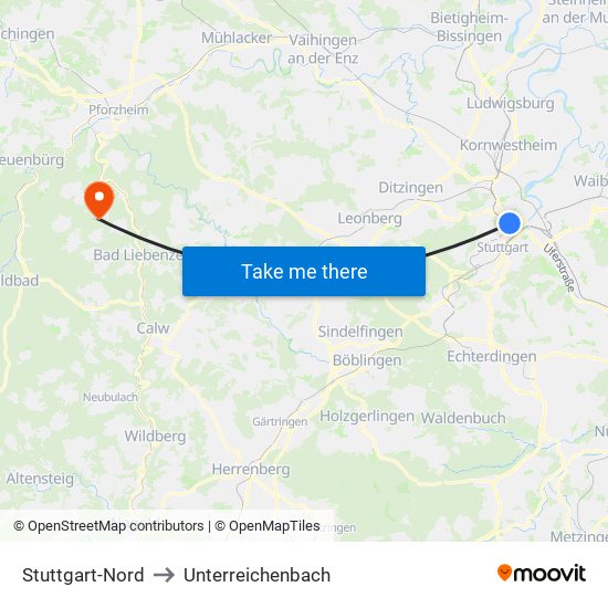 Stuttgart-Nord to Unterreichenbach map