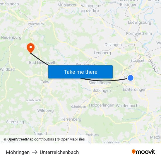 Möhringen to Unterreichenbach map