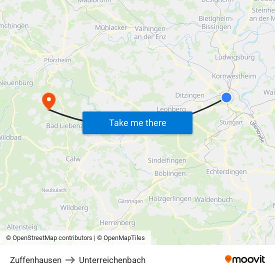 Zuffenhausen to Unterreichenbach map