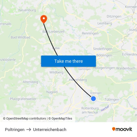 Poltringen to Unterreichenbach map