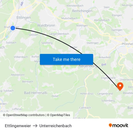 Ettlingenweier to Unterreichenbach map