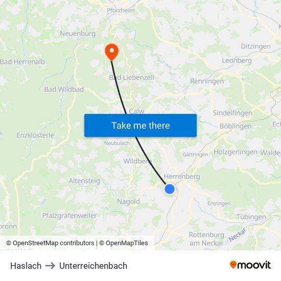 Haslach to Unterreichenbach map