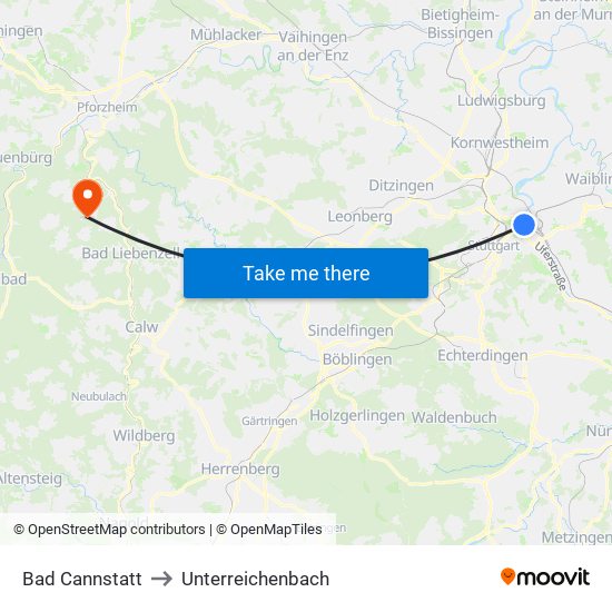Bad Cannstatt to Unterreichenbach map