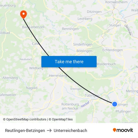 Reutlingen-Betzingen to Unterreichenbach map