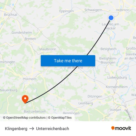 Klingenberg to Unterreichenbach map