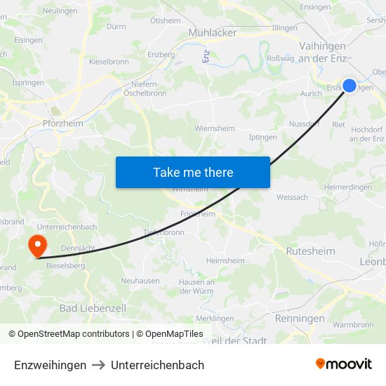 Enzweihingen to Unterreichenbach map