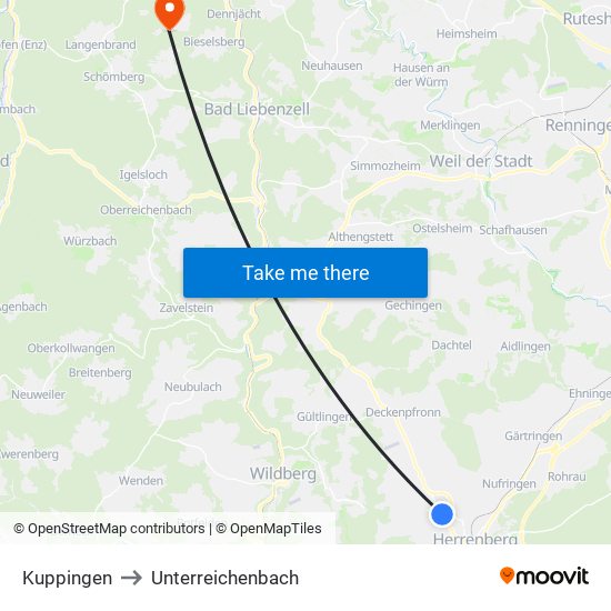 Kuppingen to Unterreichenbach map