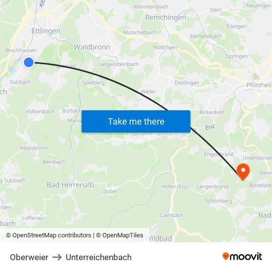 Oberweier to Unterreichenbach map