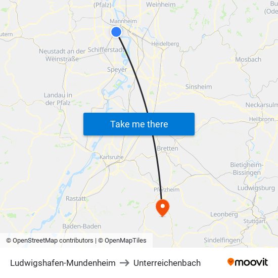 Ludwigshafen-Mundenheim to Unterreichenbach map