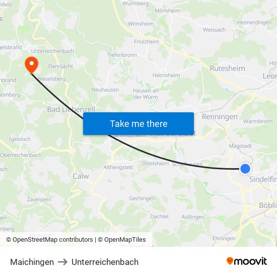 Maichingen to Unterreichenbach map