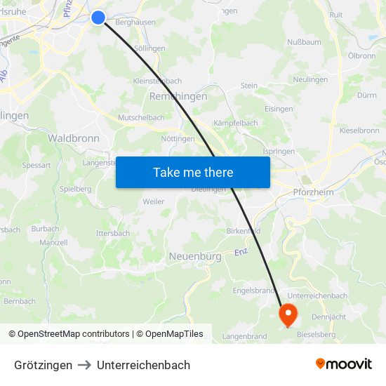 Grötzingen to Unterreichenbach map