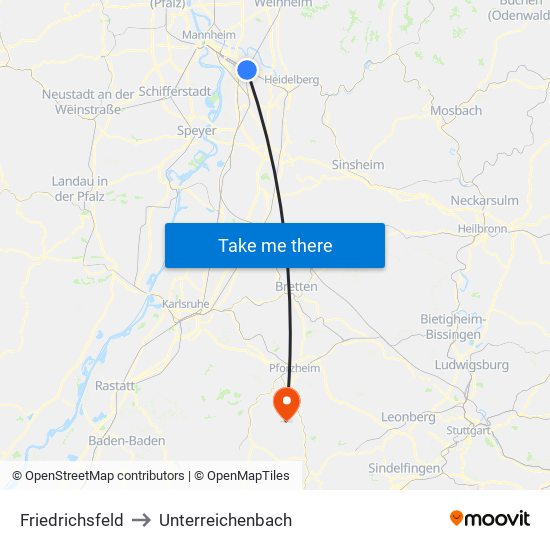Friedrichsfeld to Unterreichenbach map