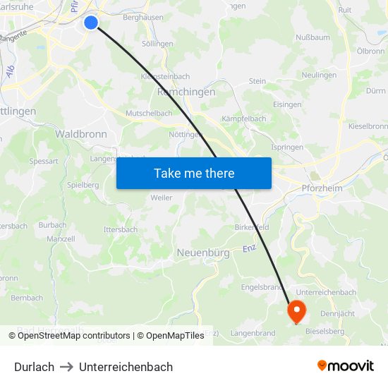 Durlach to Unterreichenbach map