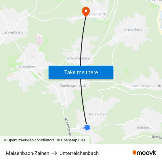 Maisenbach-Zainen to Unterreichenbach map