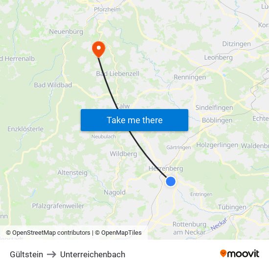 Gültstein to Unterreichenbach map