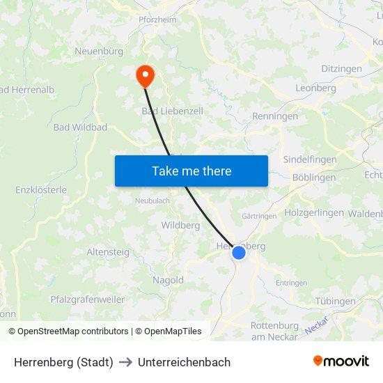 Herrenberg (Stadt) to Unterreichenbach map