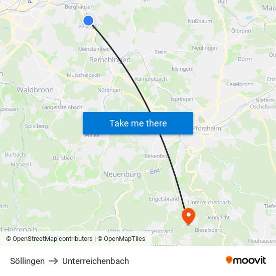 Söllingen to Unterreichenbach map