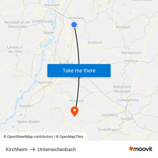 Kirchheim to Unterreichenbach map