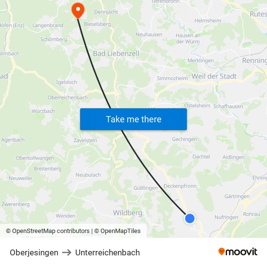 Oberjesingen to Unterreichenbach map