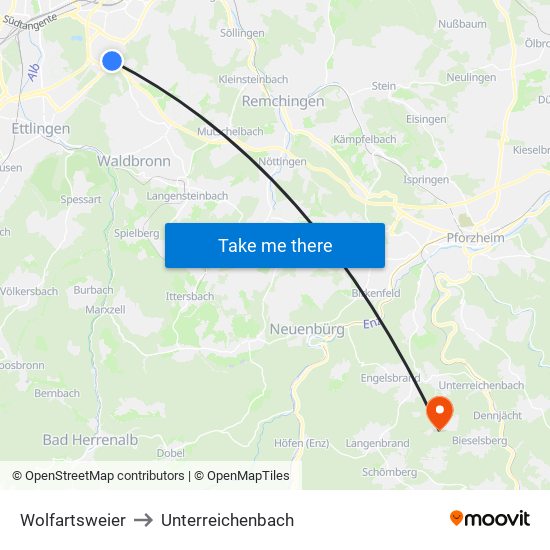 Wolfartsweier to Unterreichenbach map