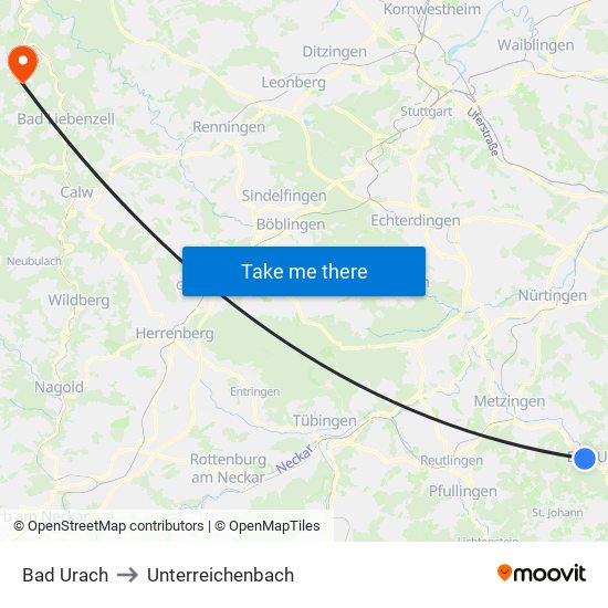Bad Urach to Unterreichenbach map