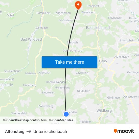 Altensteig to Unterreichenbach map