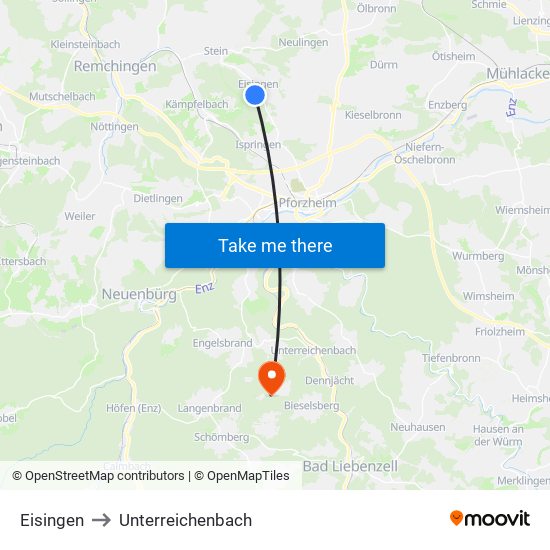 Eisingen to Unterreichenbach map
