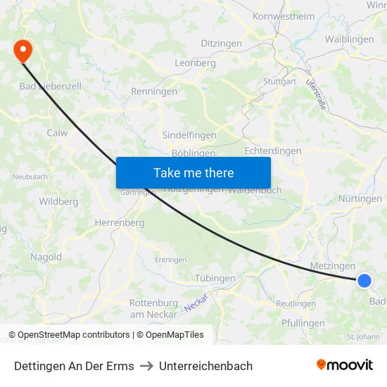 Dettingen An Der Erms to Unterreichenbach map