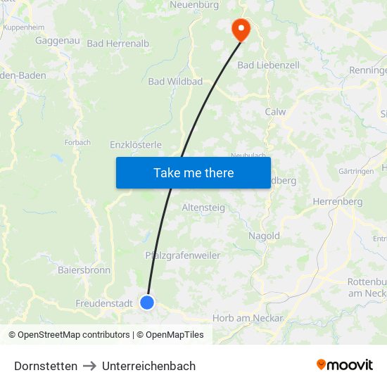 Dornstetten to Unterreichenbach map